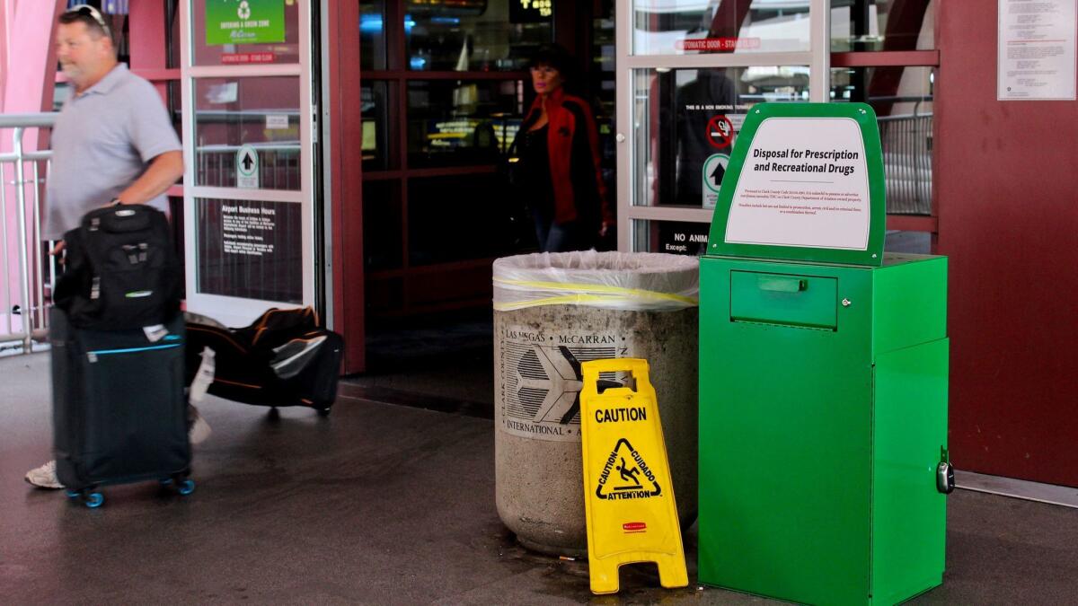 Green metal boxes have been set up at McCarran International Airport in Las Vegas so passengers can dispose of marijuana and other illicit substances.