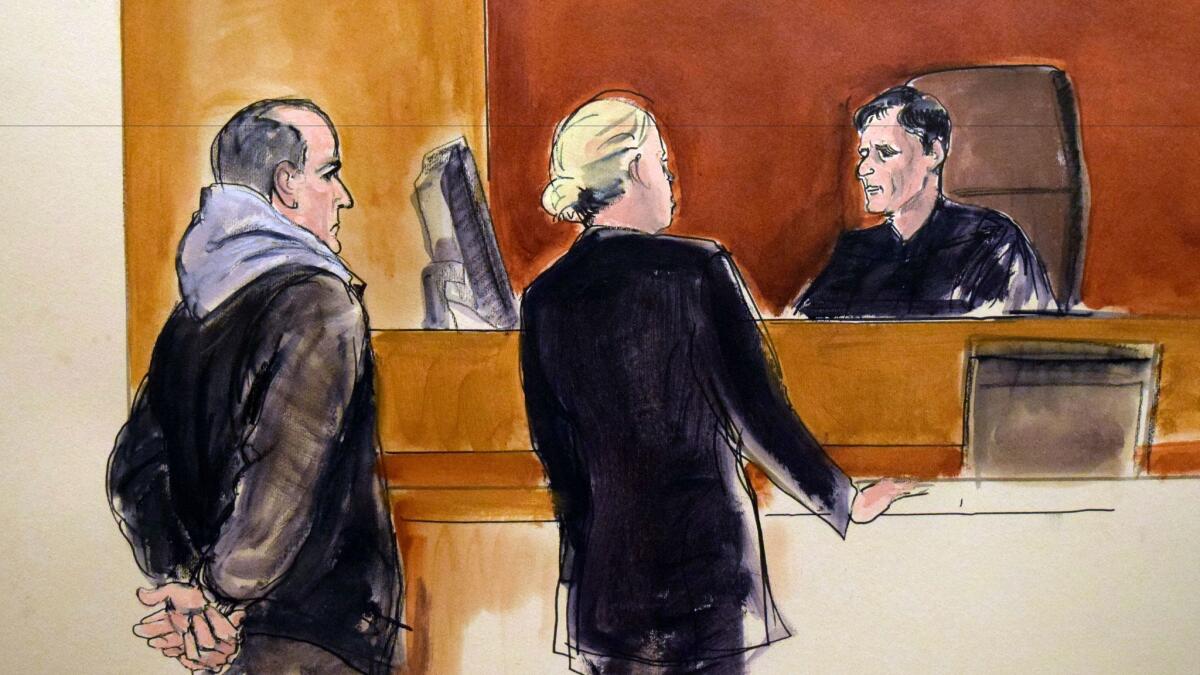 In this courtroom drawing, Elvis Redzepagic appears before Magistrate Judge Robert Levy in New York during his arraignment on Saturday.