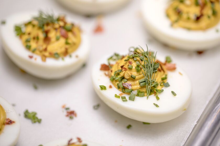Deviled eggs with chile flake and sea salt. Adapted from a recipe from Manuela restaurant. 12 recipes for deviled eggs »