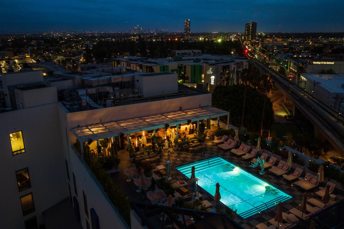 Culver City, CA - May 09: An aerial view of Canopy Club, an all-day restaurant, poolside lounge and bar located at the top floor of the Shay Hotel in Culver City. (Brian van der Brug / Los Angeles Times)