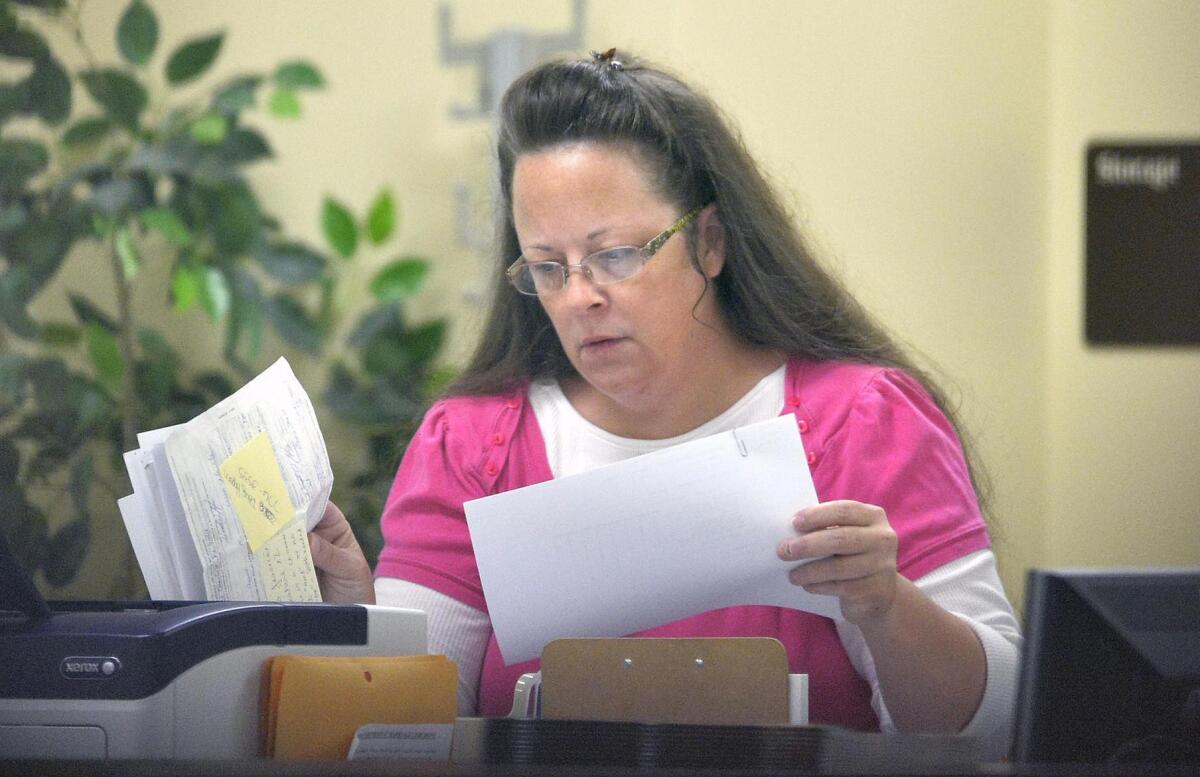 Kim Davis, an elected county clerk in eastern Kentucky, has refused to issue any marriage licenses since the high court ruled June 26 that same-sex couples had an equal right to marry.