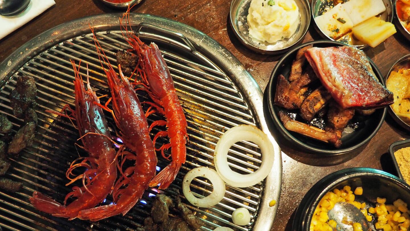 Prawns on the grill at Hanjip in Culver City.