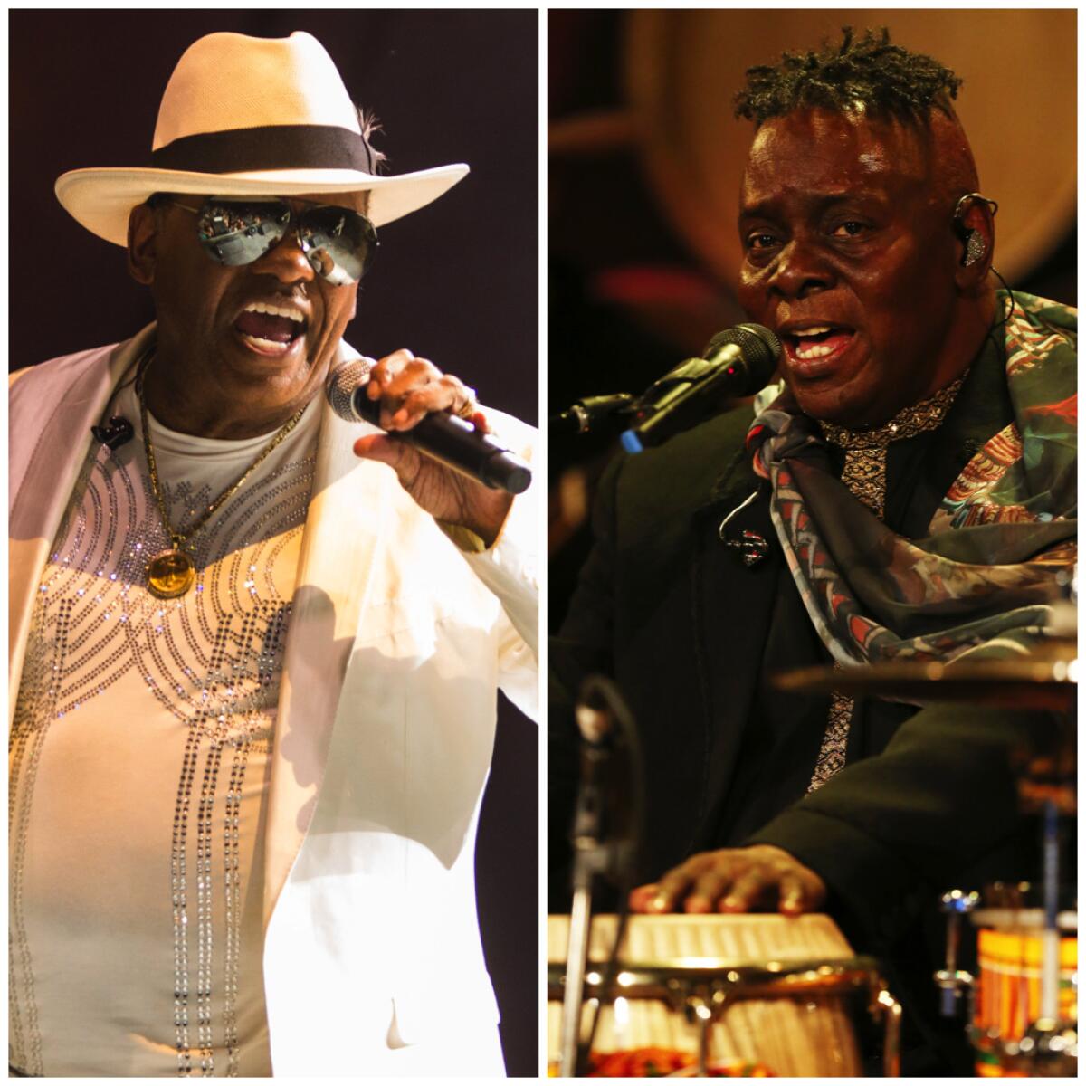 A white-hatted Ronald Isley and a drumming Philip Bailey sing into microphones.