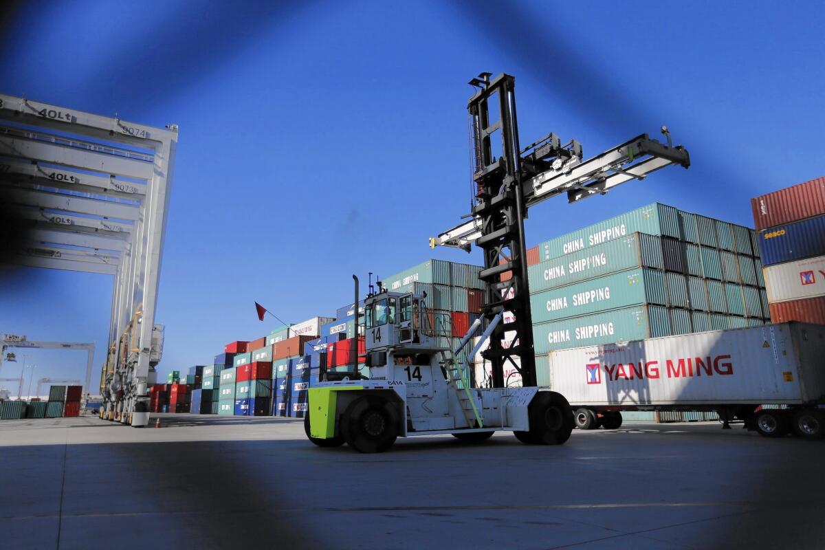 A view of operations at the China shipping terminal at the Port of Los Angeles.