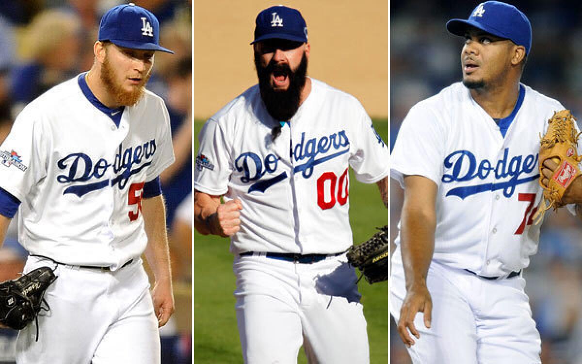 The Dodgers relief corps will feature (from left) J.P Howell, Brian Wilson and Kenley Jansen.