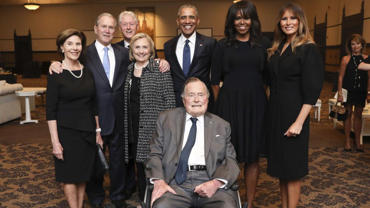 Former President George H.W. Bush, front center, and past presidents and first ladies at Barbara Bush's funeral on Saturday.