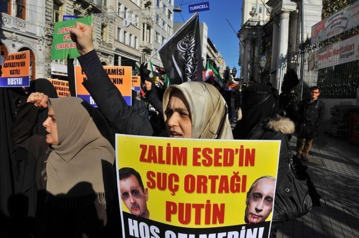 Turks protest in Istanbul, accusing Russian President Vladimir Putin of protecting Syrian President Bashar Assad during the 21-month-old rebellion. Turkey has been flooded with refugees from the civil war in neighboring Syria, and stray rocket fire into border areas prompted NATO to approve deployment of Patriot missiles to defend Turkey.