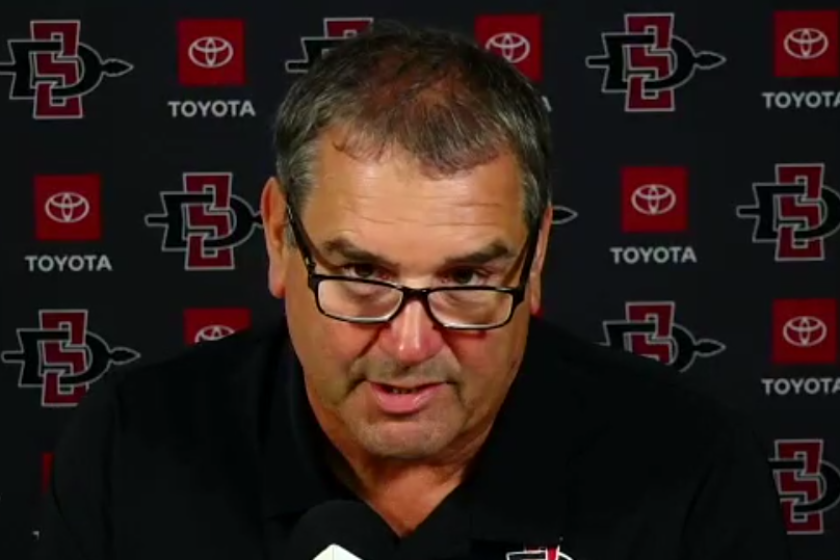 San Diego State football coach Brady Hoke speaks with the media during Wednesday's Zoom call.