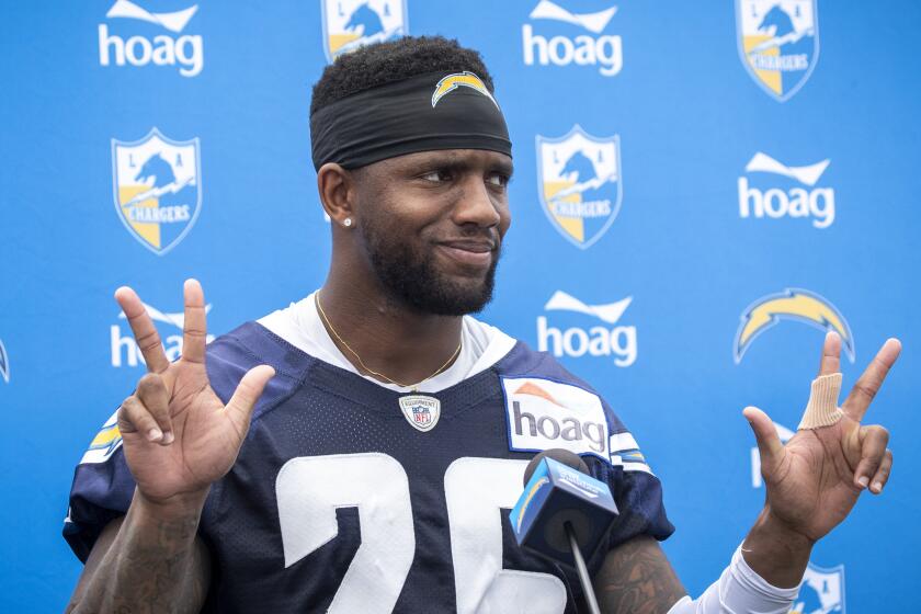 COSTA MESA, CALIF. -- THURSDAY, JULY 25, 2019: Chargers corner back Casey Hayward Jr. speaks to the media as the Chargers conduct their first training camp practice of 2019 at the Jack Hammett Sports Complex in Costa Mesa, Calif., on July 25, 2019. (Allen J. Schaben / Los Angeles Times)