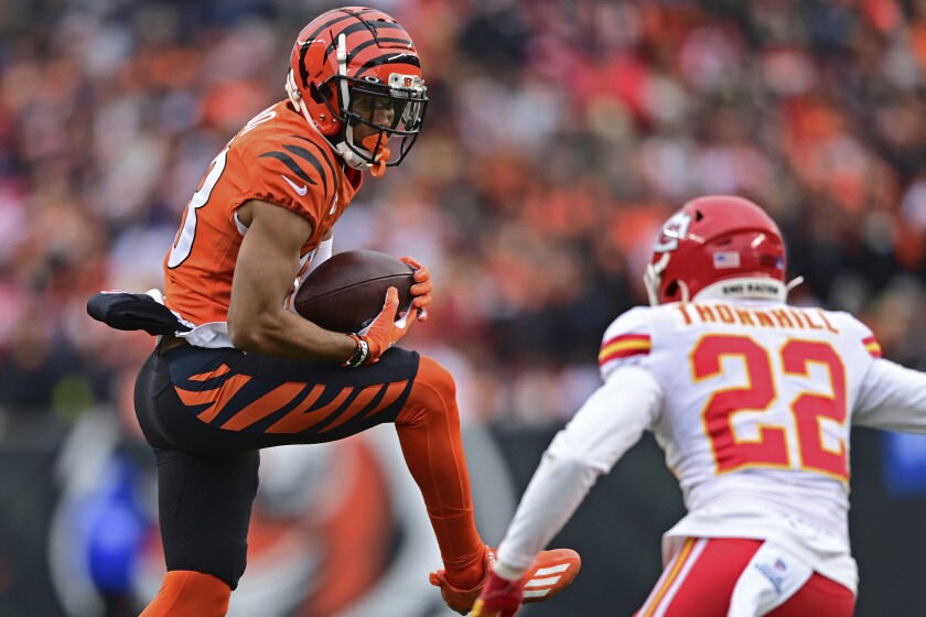 Cincinnati Bengals wide receiver Tyler Boyd catches a pass against the Kansas City Chiefs during the regular season.