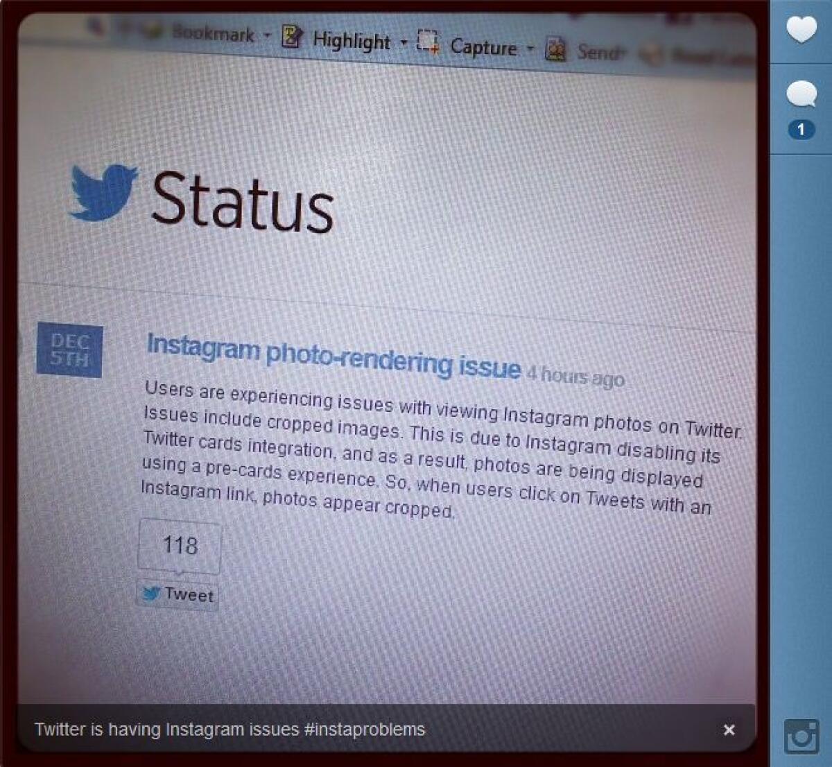 An Instagram shot of Twitter's status regarding Instagram issues.