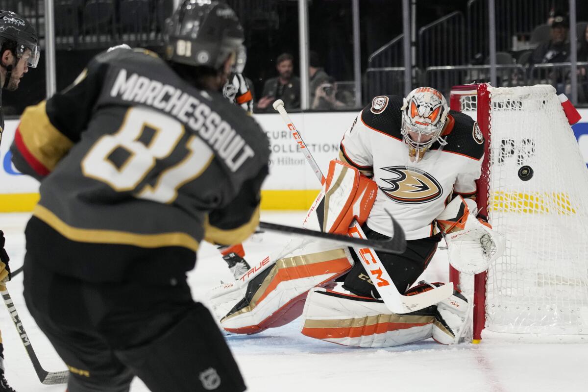 Anaheim Ducks goaltender John Gibson blocks a shot by Vegas right wing Jonathan Marchessault.