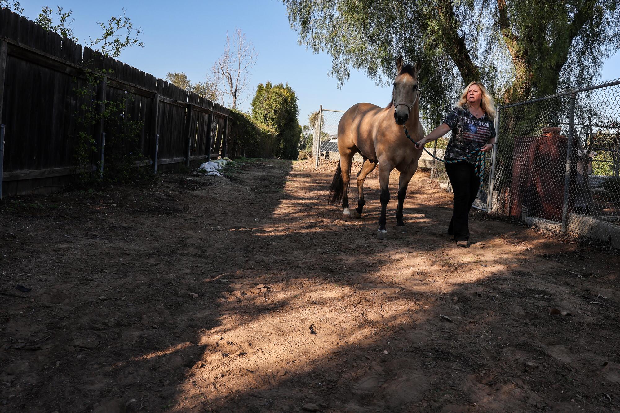 Yorba Linda resident Dee Dee Friedrich walks with her horse, Wyatt, on a horse trail near her home.