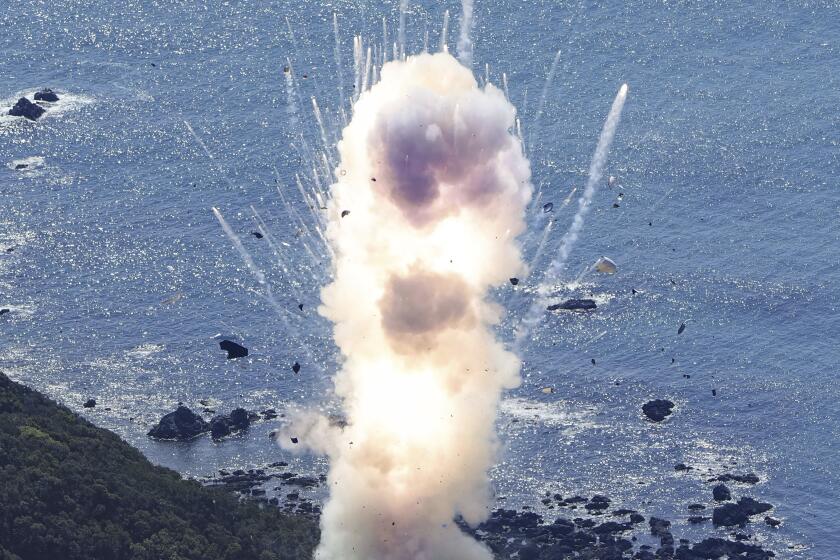 Space One's Kairos rocket explodes after liftoff from a launch pad in Kushimoto, Wakayama prefecture, western Japan, Wednesday, March 13, 2024. (Kyodo News via AP)