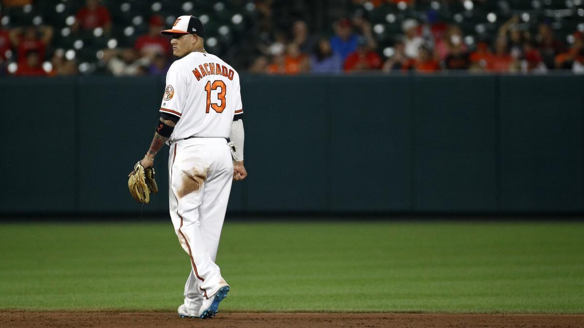 Baltimore Orioles shortstop Manny Machado walks on the field during a game against the Philadelphia Phillies on Thursday in Baltimore.