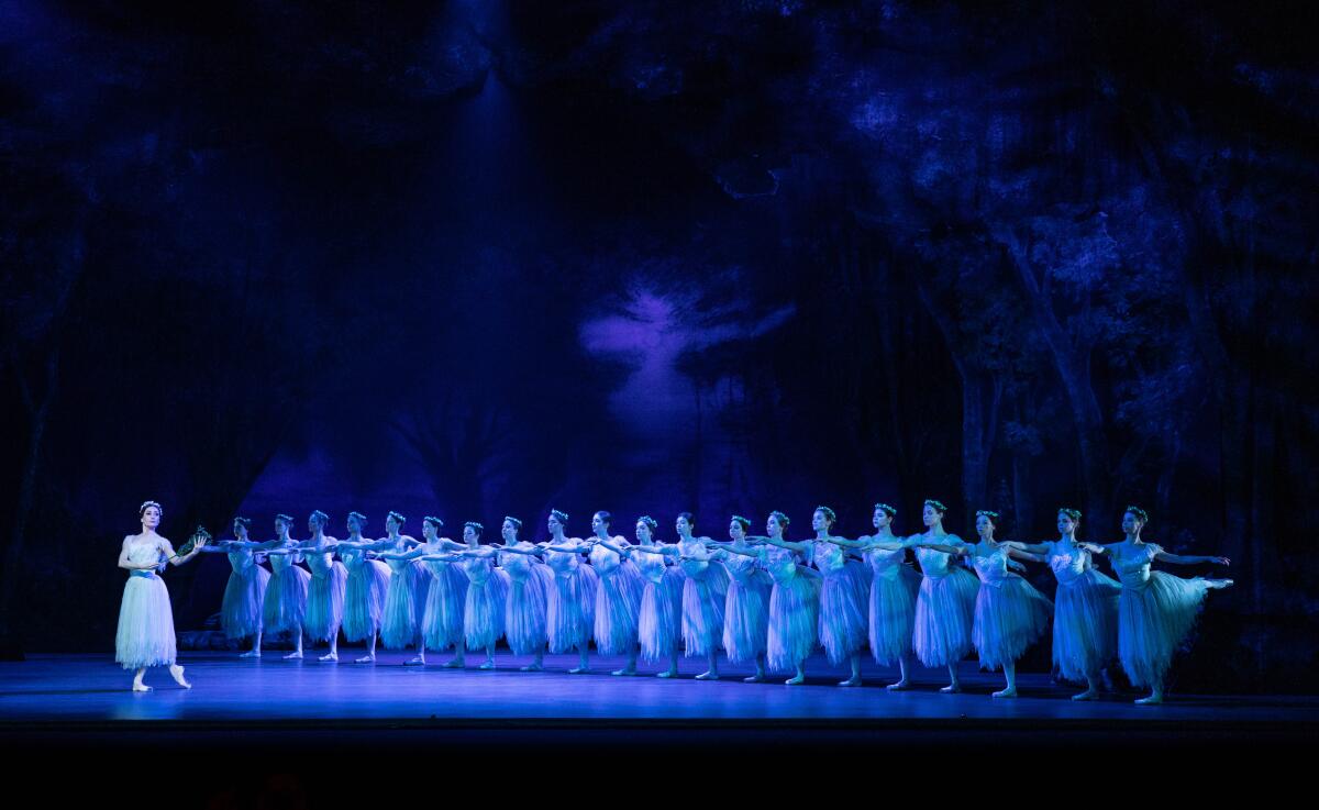  A line of ballerinas in a supernatural tableau.