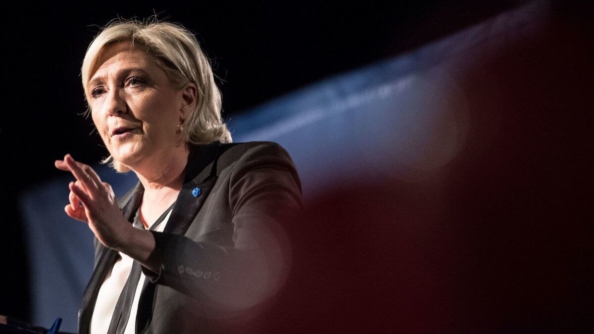 Far-right candidate for the French presidential election Marine Le Pen speaks during a campaign meeting in Monswiller near Strasbourg, eastern France, on Wednesday, April 5, 2017.