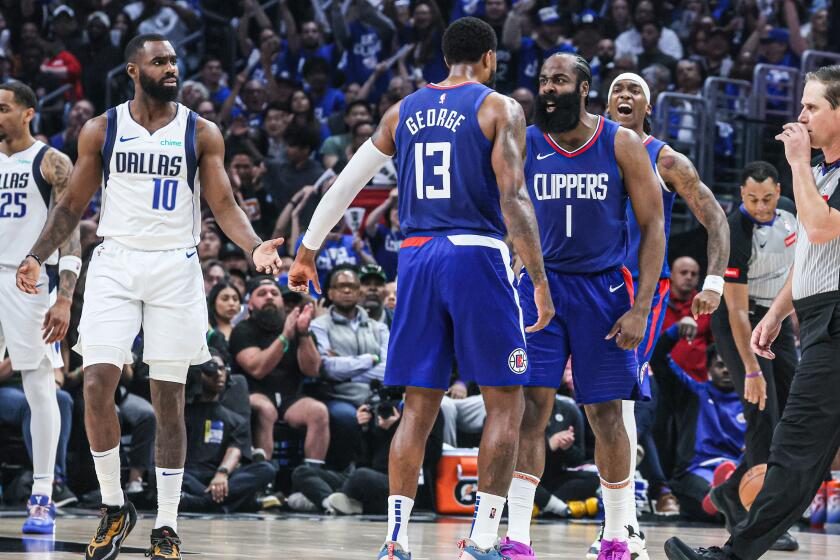 Los Angeles, CA, Sunday, April 21, 2024 - LA Clippers guard James Harden (1) celebrates.