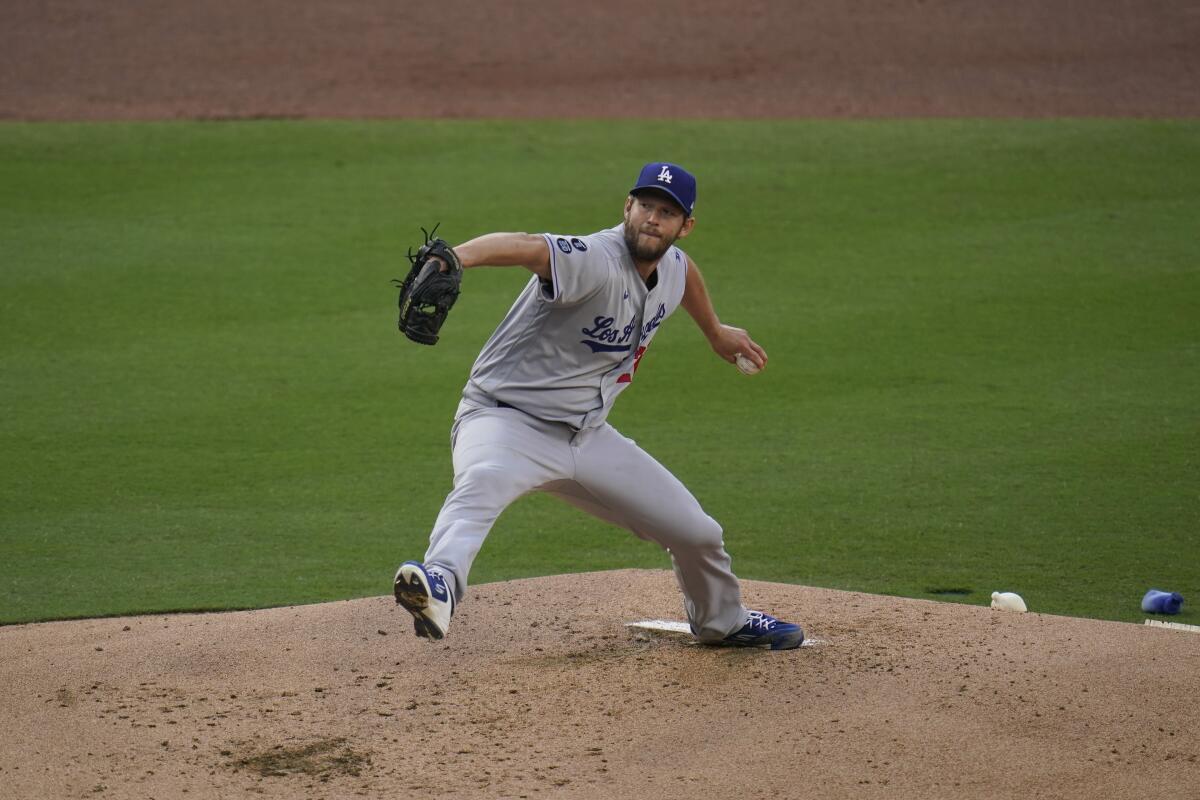 Dodgers starting pitcher Clayton Kershaw delivers against the San Diego Padres.