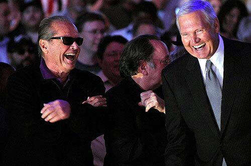 Jack Nicholson and Lakers legend Jerry West share a joke during the championship-rings ceremony before the Lakers-Clippers season opener. Follow the purple and gold around the clock at our Lakers blog.