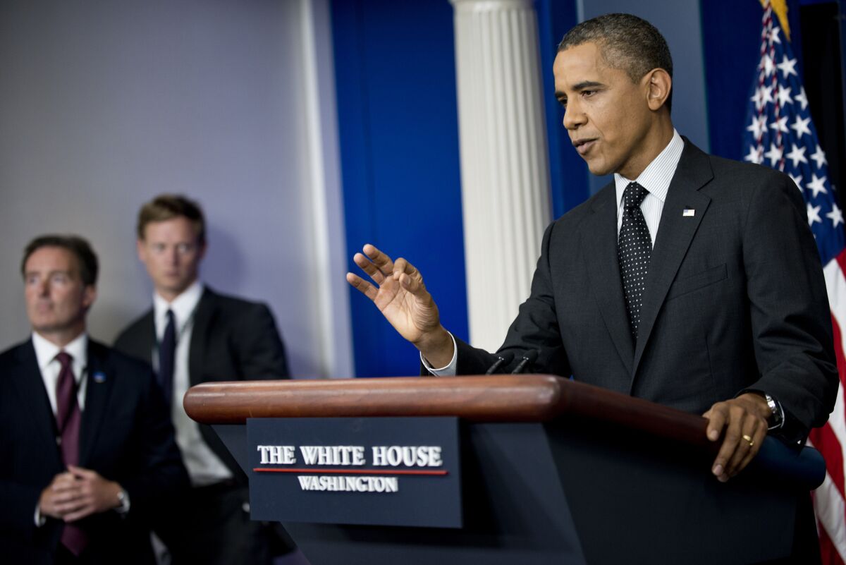 President Obama speaks during a press conference in the Briefing Room of the White House about the upcoming U.S. presidential election, Syria, Afghanistan and other issues.