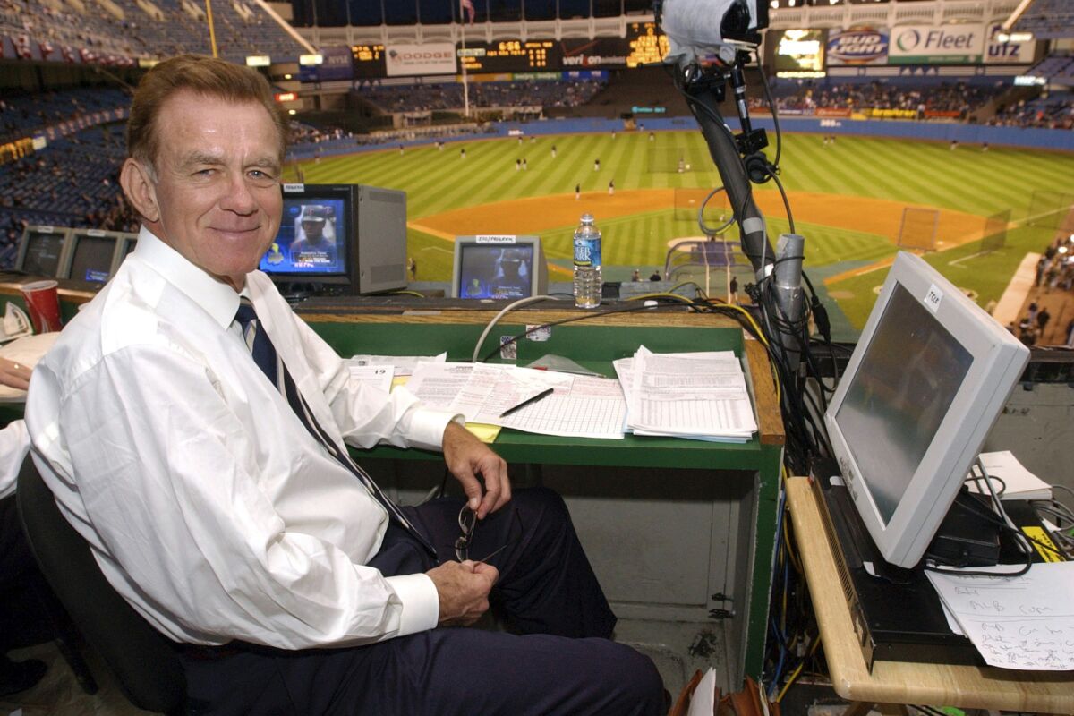 Tim McCarver sits in the broadcast booth a Yankee Stadium before Game 2 of the 2003 American League Division Series.