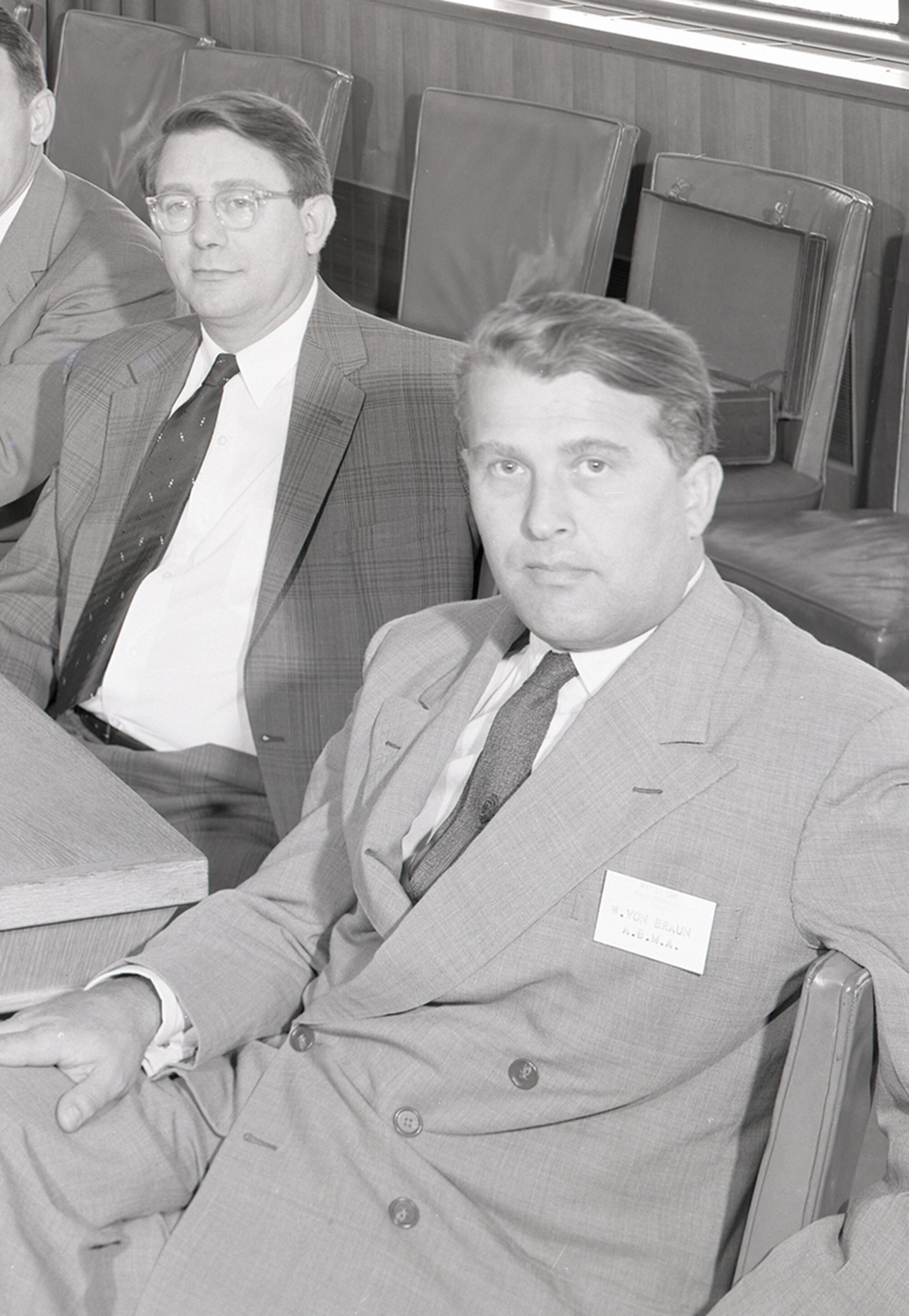 Abraham Silverstein, left, and Wernher von Braun at a space flight committee meeting in 1958 at the Lewis Research Center in Cleveland.