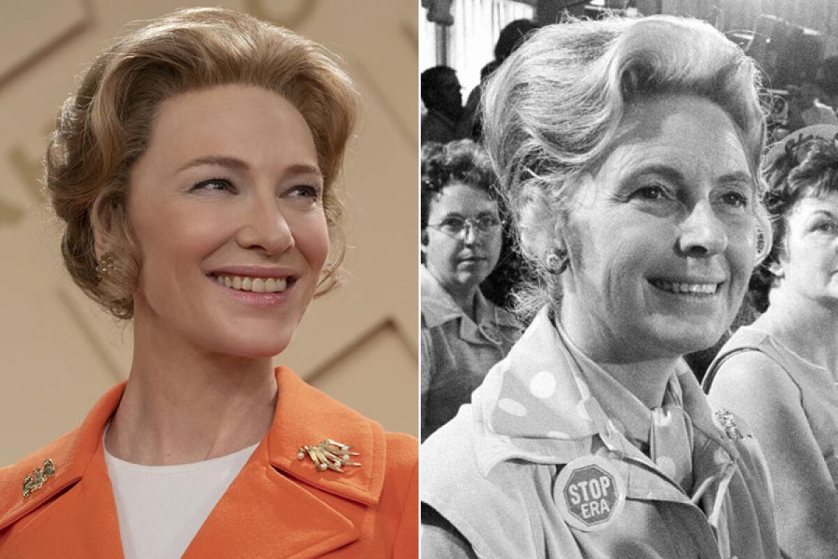 Cate Blanchette, left, as Phyllis Schlafly in the TV miniseries "Mrs. America" and the real Phyllis Schlafly in 1976. 