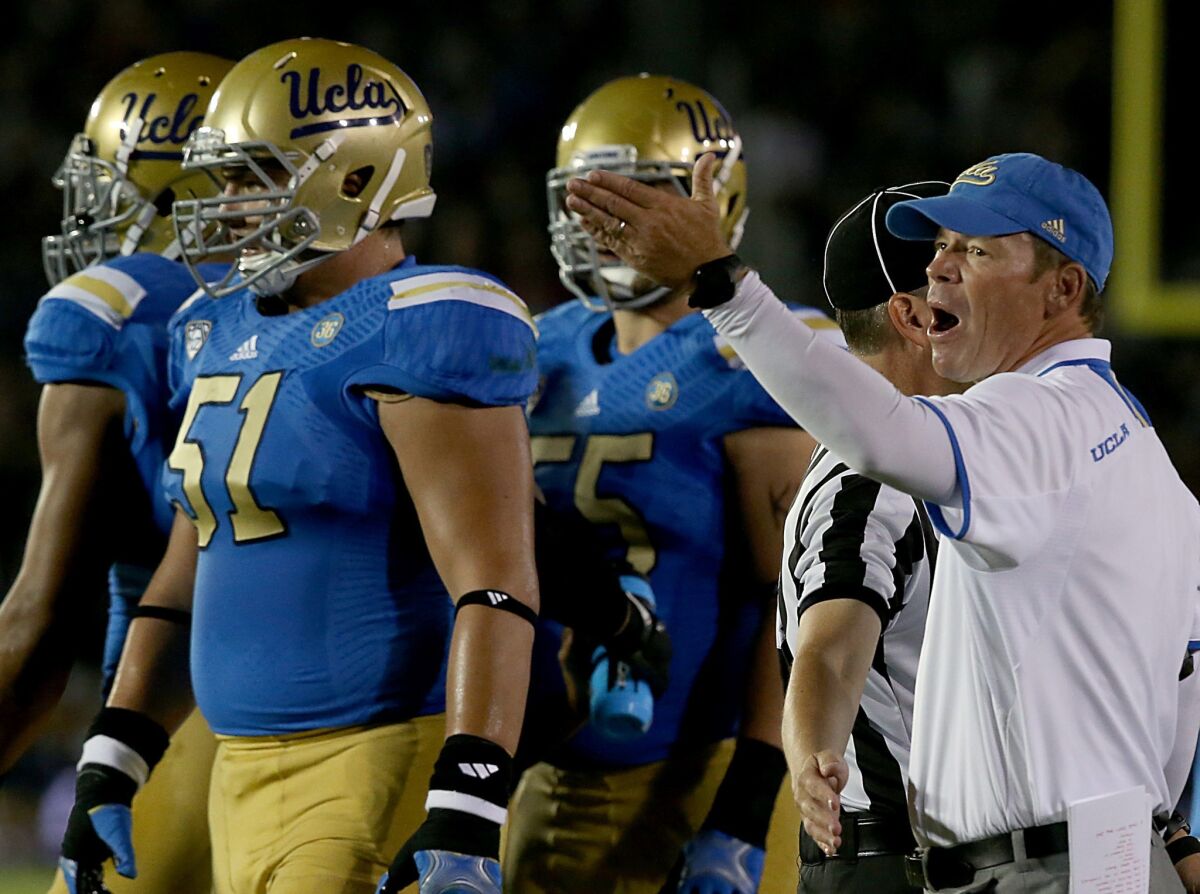 UCLA offensive guard Alex Redmond (51) will be a game-time decision Saturday when the Bruins play Utah at the Rose Bowl.