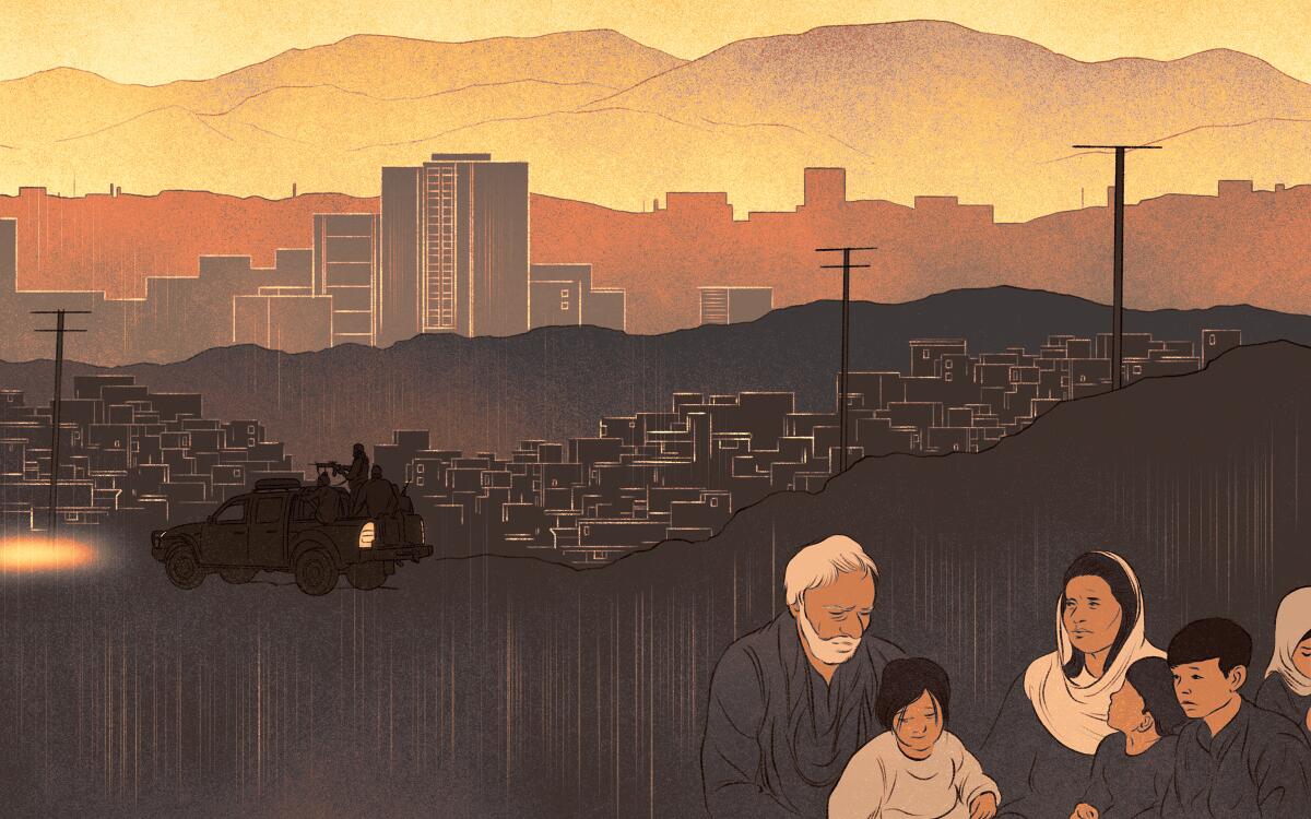 An illustration depicts six people against a backdrop of buildings and a military vehicle carrying armed men.
