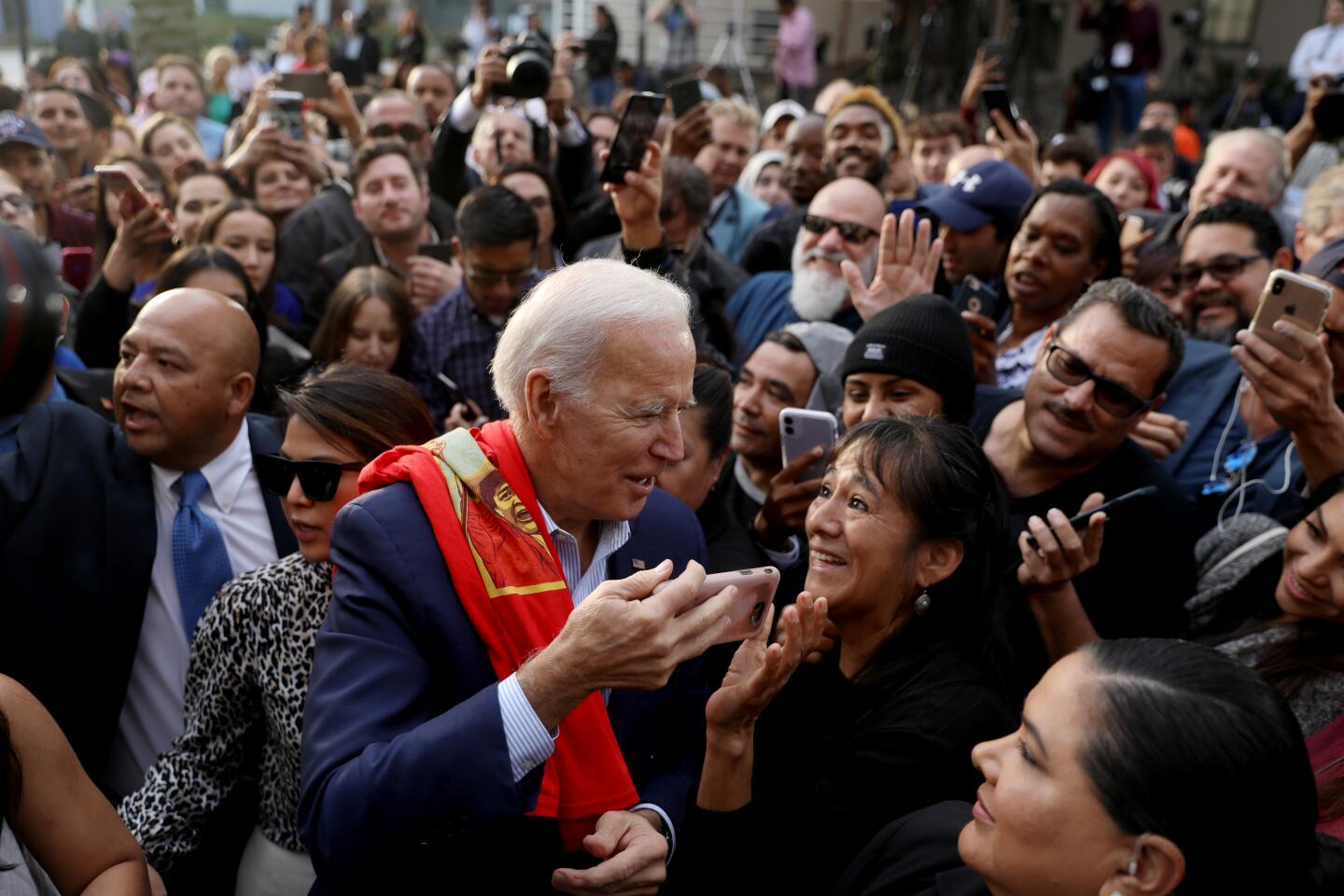 LOS ANGELES, CALIF. -- THURSDAY, NOVEMBER 14, 2019: Former Vice President Joe Biden greets constituents after speaking at Los Angeles Trade Technical College in Los Angeles, Calif., on Nov. 14, 2019. (Gary Coronado / Los Angeles Times)