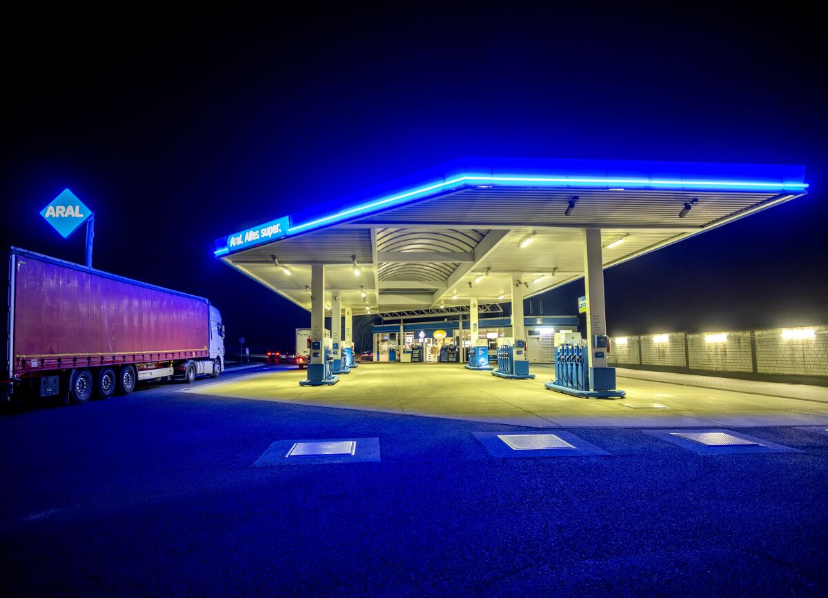 A gas station is pictured in Frankfurt, Germany, Thursday, March 10, 2022. Germany's finance minister proposed a “crisis discount” Monday to dampen the impact of recent fuel price hikes due to the war in Ukraine. The fuel subsidy proposed by Finance Minister Christian Lindner could see gas prices cut by more than 0.2 euros ($0.2) per liter, German media reported. (AP Photo/Michael Probst,file)