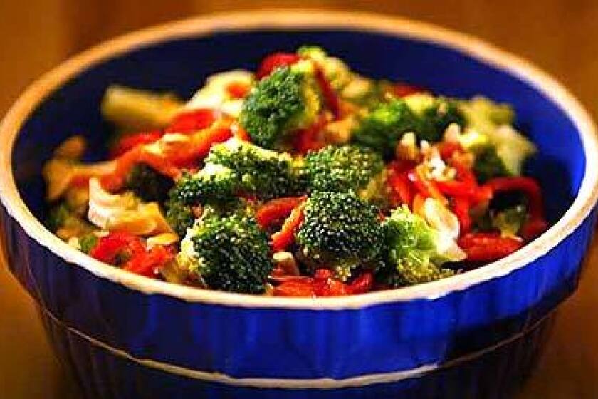 Broccoli salad with roasted peppers and cashews