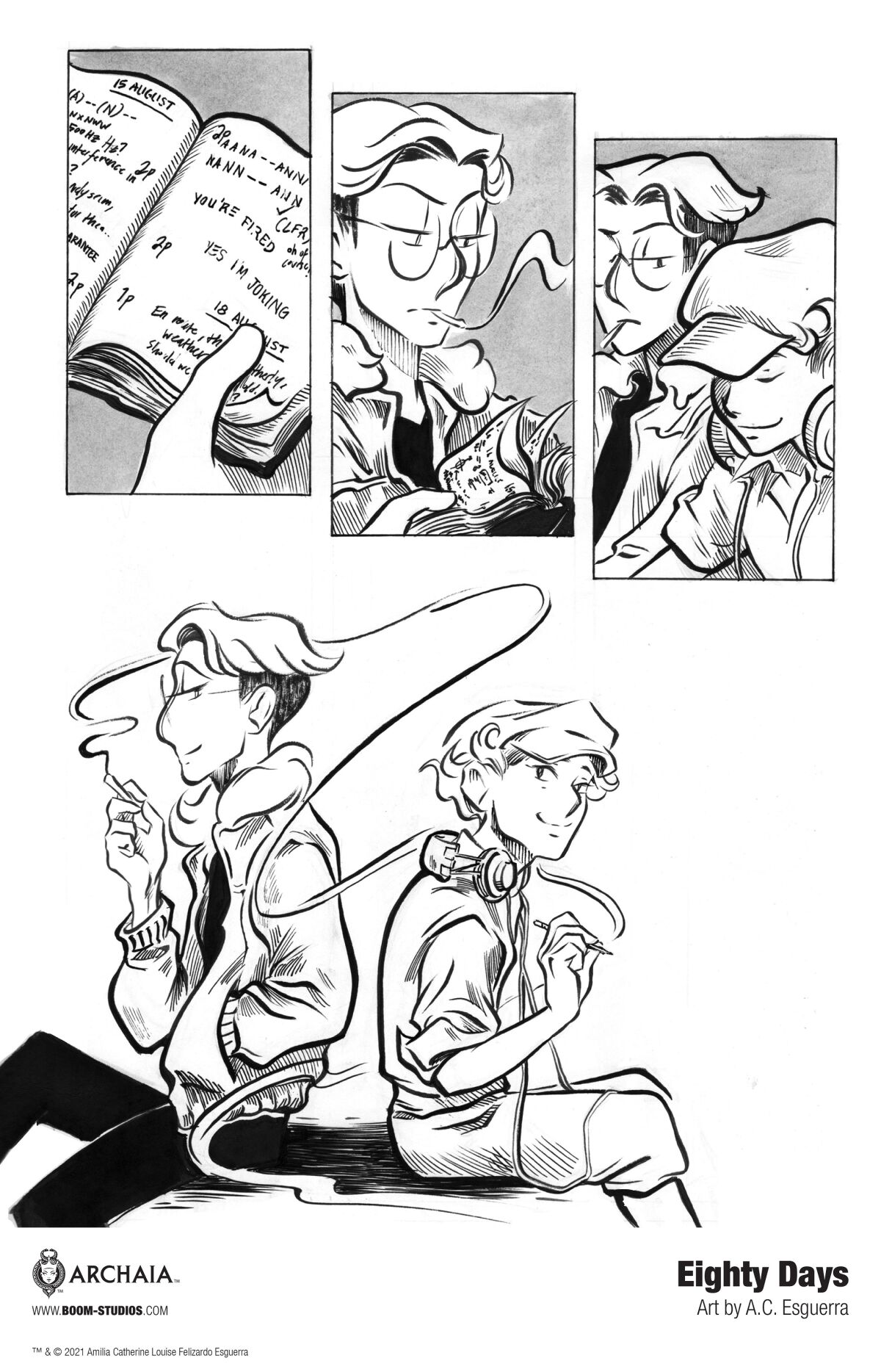 Comic book page with a young man smoking and another with headphones 