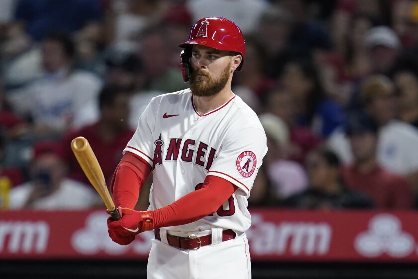 The Angels' Jared Walsh (20) prepares to bat against the Houston Astros on April 8, 2022.