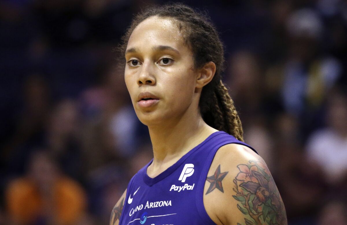 Brittney Griner pauses on the court during a WNBA basketball game