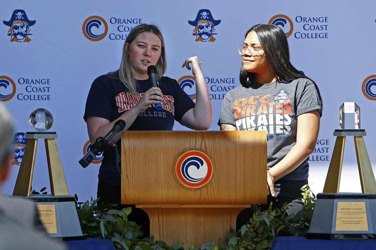 Athletic Training students Amanda Fox, left, and Hannah Jones at Orange Coast College in Costa Mesa, Tuesday, April 12, 2022.