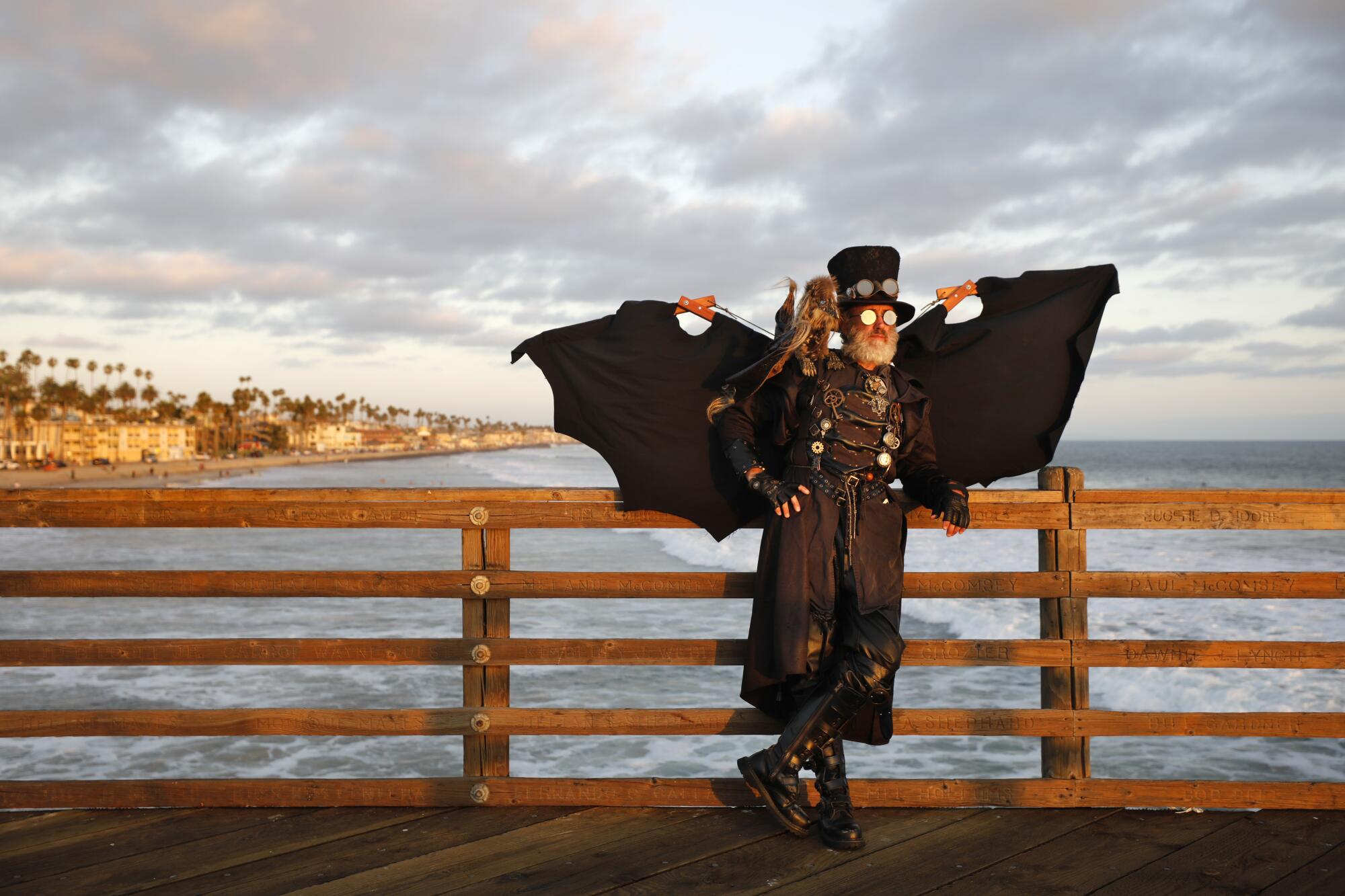 Dean LeCrone dressed as Dr. Artemus Peepers, a steampunk hero, at the Oceanside Pier. 