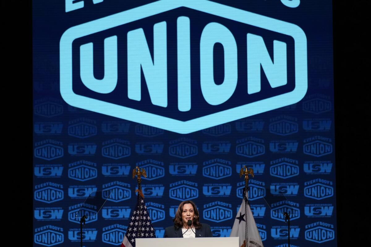 Kamala Harris at a podium with a backdrop that says "Union"