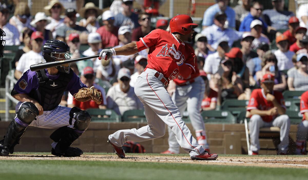 The Angels' Ben Revere bats during a spring training game against the Colorado Rockies on March 16 in Scottsdale, Ariz.