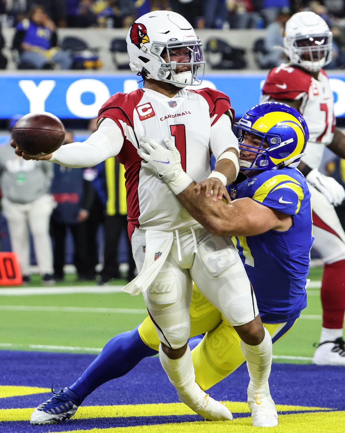 Troy Reeder (51) pressures Arizona's Kyler Murray (1) into a  pass that was intercepted by David Long Jr. 
