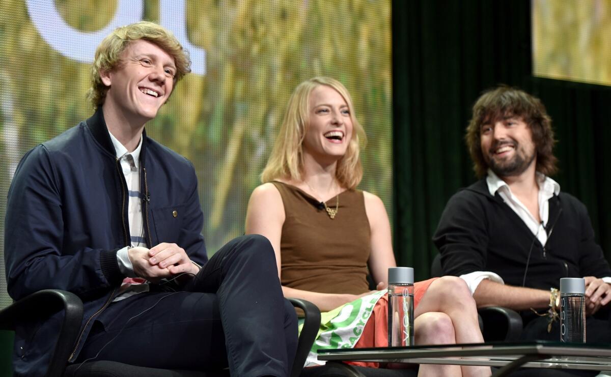 Josh Thomas, left, at the 2014 Television Critics' Assn. summer press tour with Tiffany Threadgould and Tom Szaky, executives of the recycling company TerraCycle, the subject of the Pivot show "Human Resources."