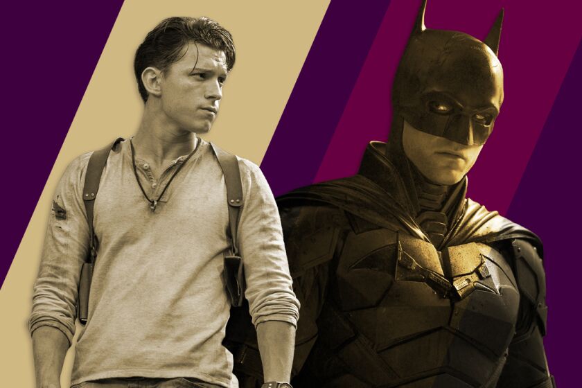 Tom Holland as Nathan Drake in "Uncharted" and Robert Pattinson as Batman in “The Batman."
