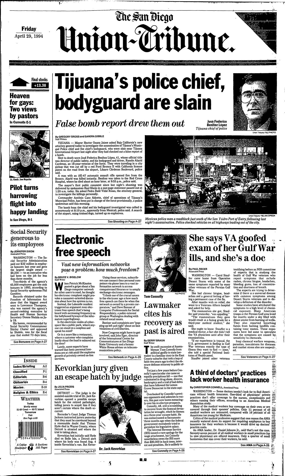 Front page news from The San Diego Union-Tribune, April 29, 1994" "Tijuana's police chief, bodyguard are slain."