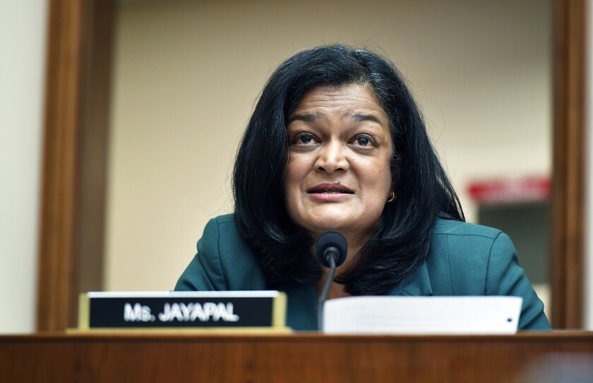 FILE - In this July 29, 2020 file photo, Rep. Pramila Jayapal, D-Wash., speaks during a House Judiciary subcommittee on antitrust on Capitol Hill in Washington. A second Democratic member of the House who was forced to go into lockdown during last week’s violent protest has tested positive for COVID-19. Rep. Pramila Jayapal of Washington says she has tested positive. She criticized Republican members of Congress who declined to wear a mask when it was offered to them. (Mandel Ngan/Pool via AP, File)