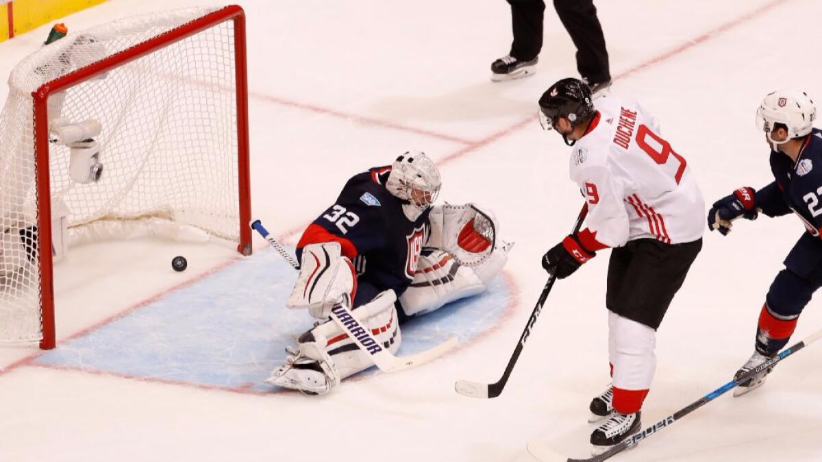 U.S. goalie Jonathan Quick can't stop a shot by Canada's Matt Duchene during a World Cup of Hockey game on Sept. 20.