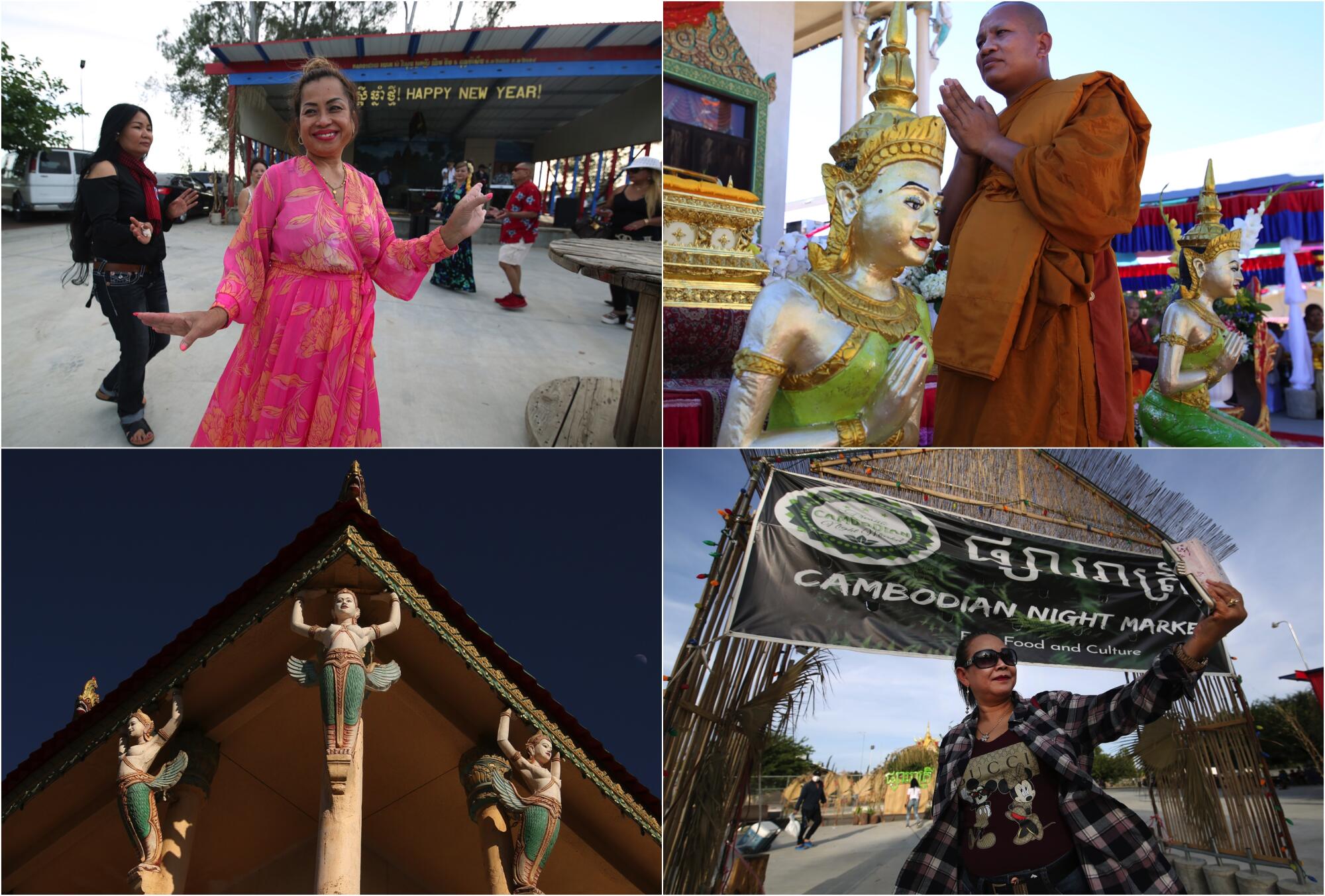 An Touch dances at the Cambodian Night Market; Say Bunthon during a ceremony; Yvonna Chan gets a selfie; and angelic statues.