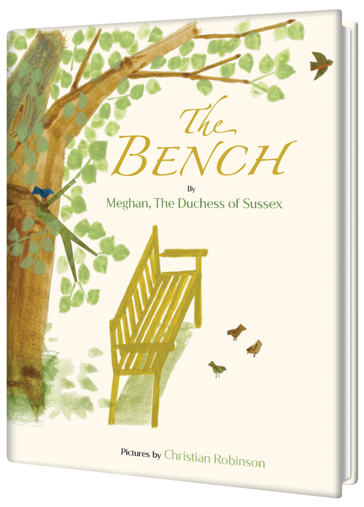 A book cover has a watercolor illustration of a tree and a bench and small birds.