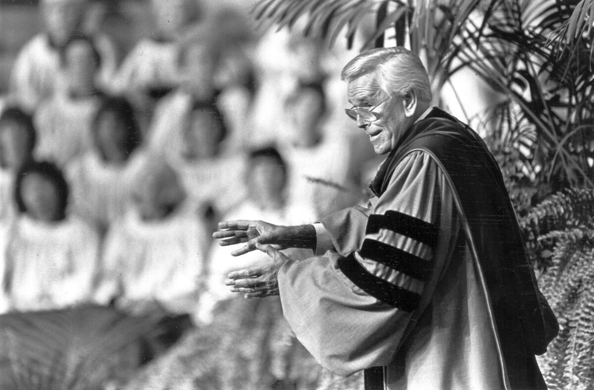 The Rev. Robert H. Schuller preaches at the Crystal Cathedral in Garden Grove in 1983.