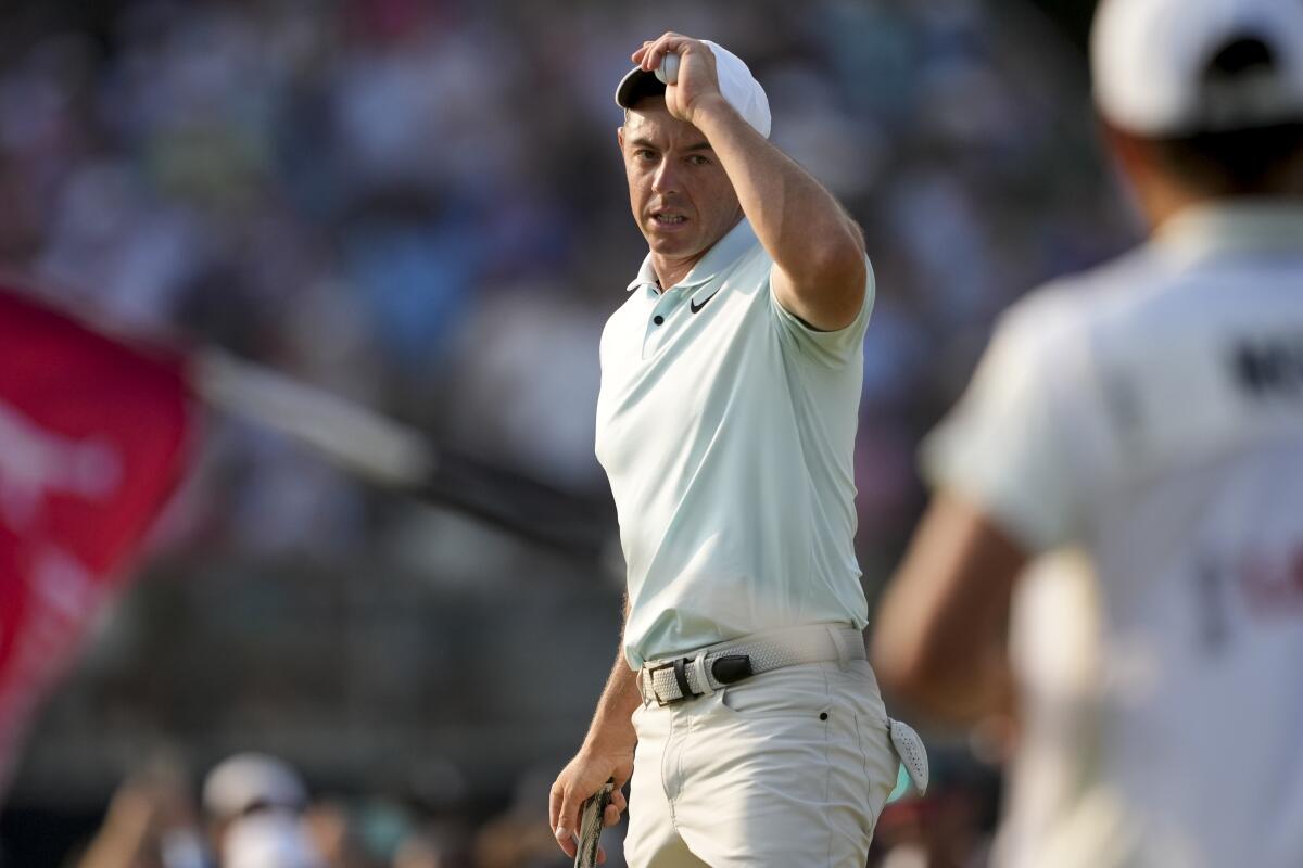 Rory McIlroy winces after missing a par putt on the 18th hole during the final round of the U.S. Open on Sunday.